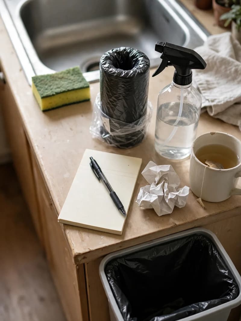 A kitchen counter being restocked on a Sunday with a spray bottle, fresh sponge, roll of bin liners, notepad and a cup of tea by the sink