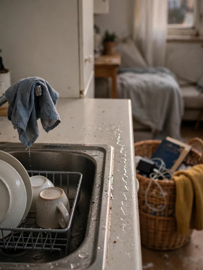 An evening kitchen sink with clean dishes in a rack after the nightly close, a cloth over the tap and a basket of strays nearby in warm light