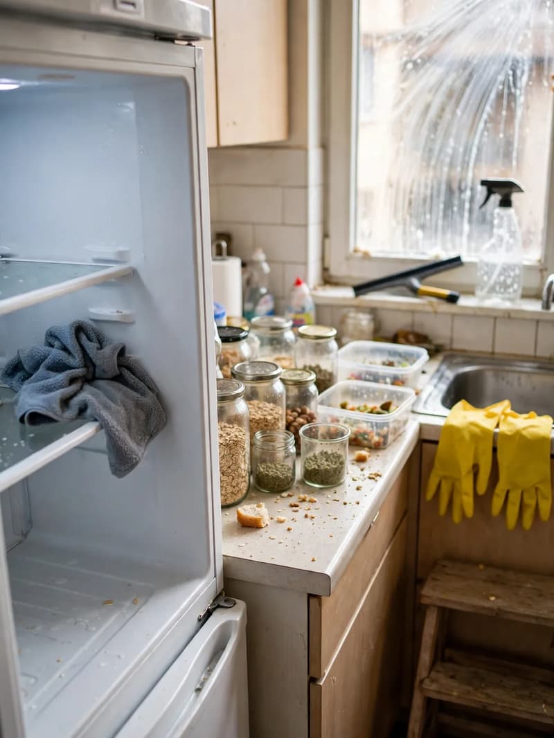 A fridge being deep cleaned in a small kitchen with jars and containers on the counter, a soapy window and squeegee behind and gloves by the sink