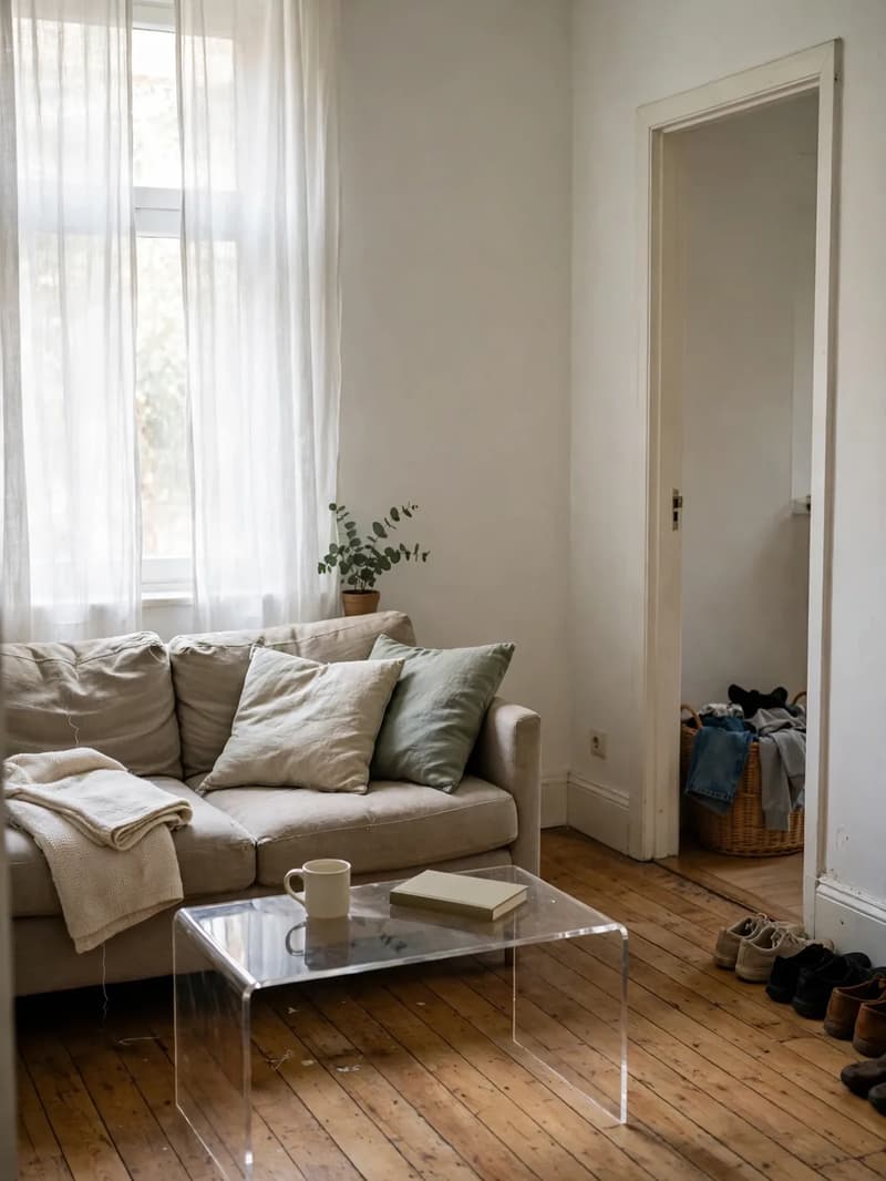 A calm, simply tidied small living room with a plumped sofa, clear table, shoes lined by the door and a laundry basket in soft daylight