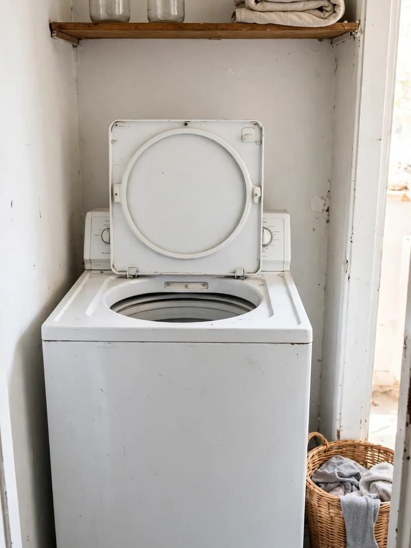 A wooden shelf above an open top-load washing machine holding plain glass jars and a folded towel, with a laundry basket beside it