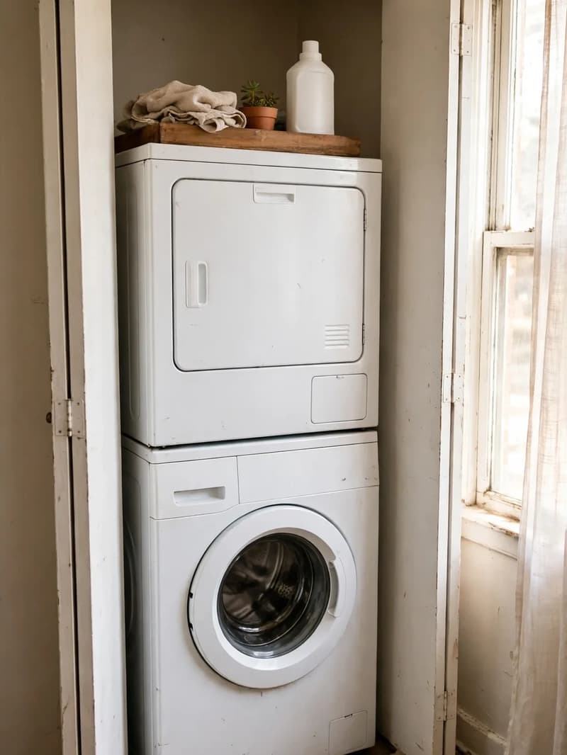 A stacked washer dryer in a small closet with a wooden tray on top holding a plain detergent bottle, a cloth and a small plant