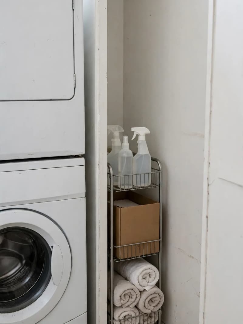 A narrow three-tier rolling cart tucked in the gap beside a stacked washer dryer, holding spray bottles, a box and rolled towels
