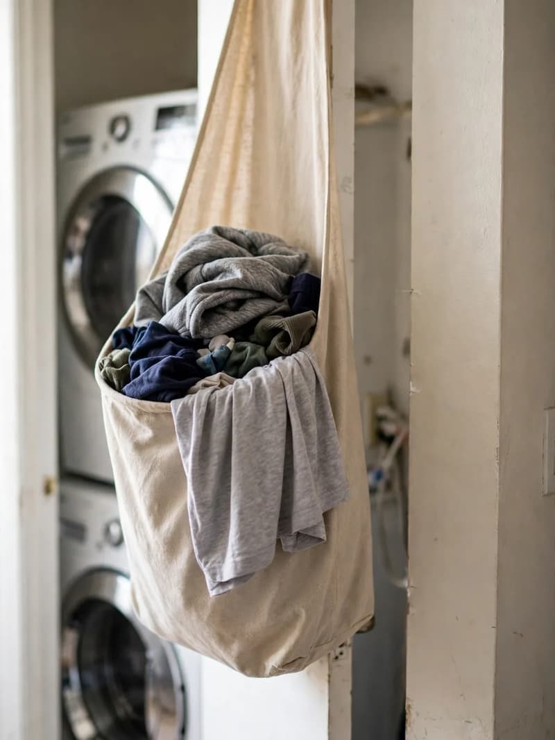 A canvas hamper bag full of laundry hanging from hooks over a door, with a stacked washer dryer visible behind it