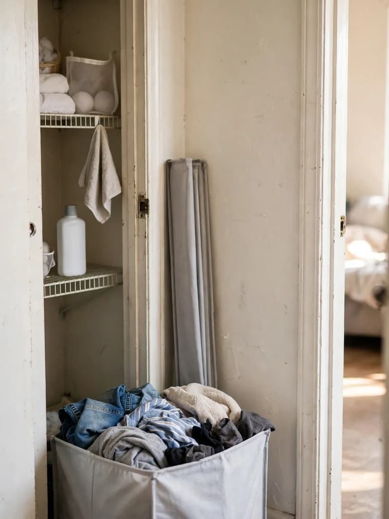 A full collapsible fabric hamper beside a laundry closet, with a second hamper folded flat and leaning against the wall next to it