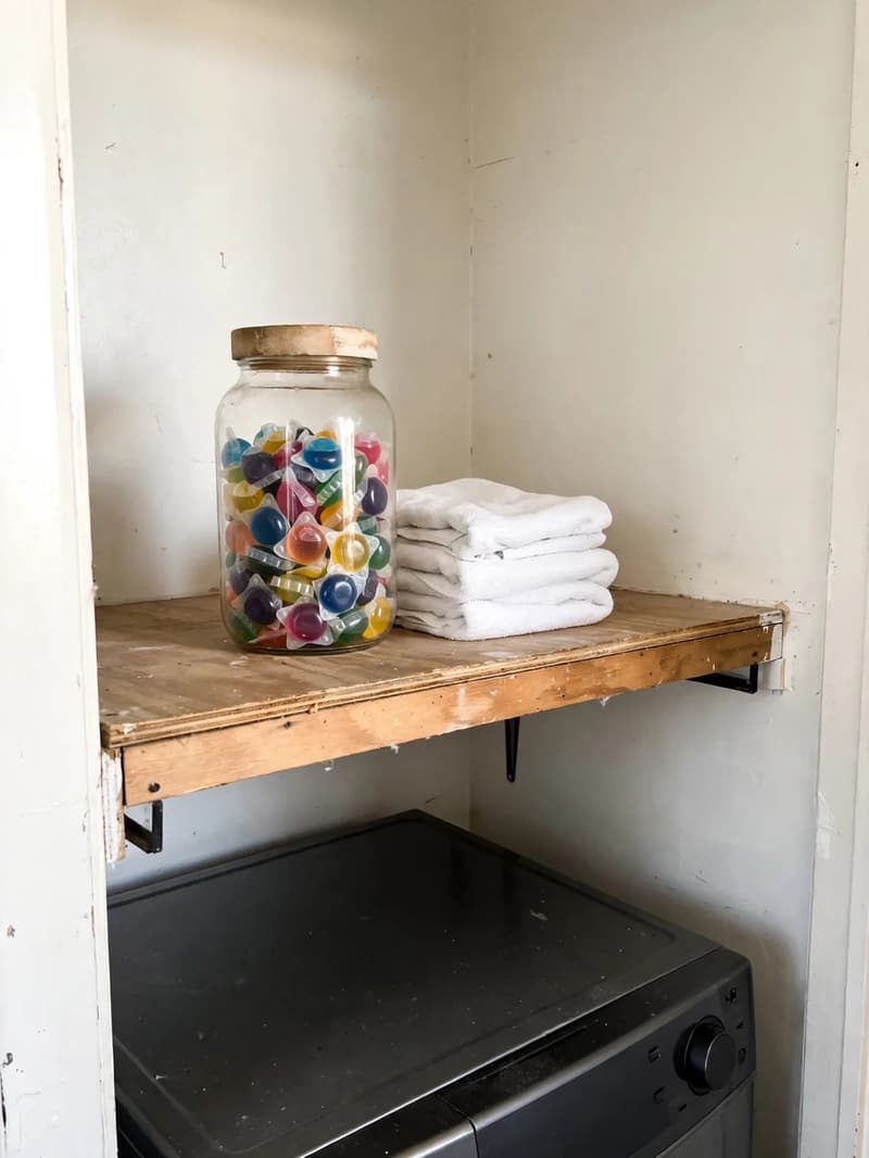 A plain glass jar full of colourful laundry pods on a wooden shelf above a front-load washer, beside a stack of folded white towels