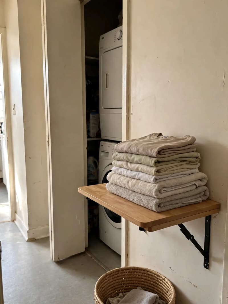 A wooden fold-down table mounted beside an open laundry closet, holding a neat stack of folded laundry with a basket underneath