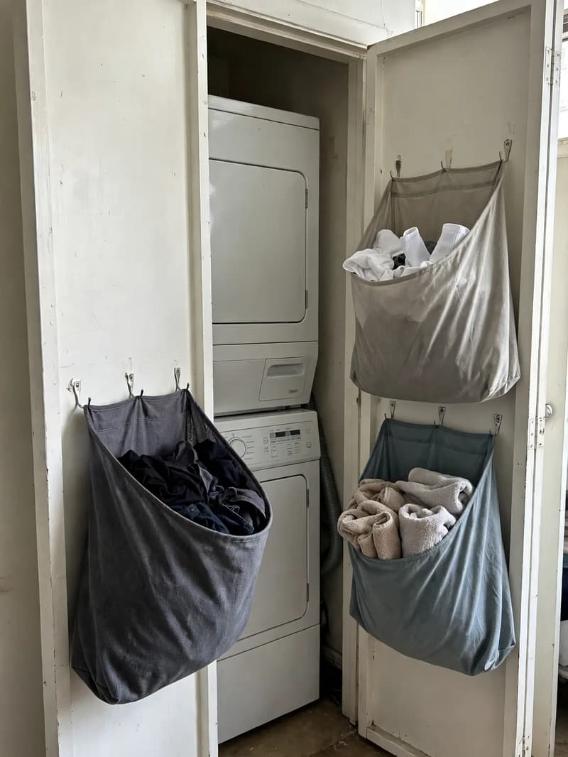 Three fabric sort bags hanging inside open laundry closet doors, filled with whites, dark clothes and towels, with a stacked unit behind