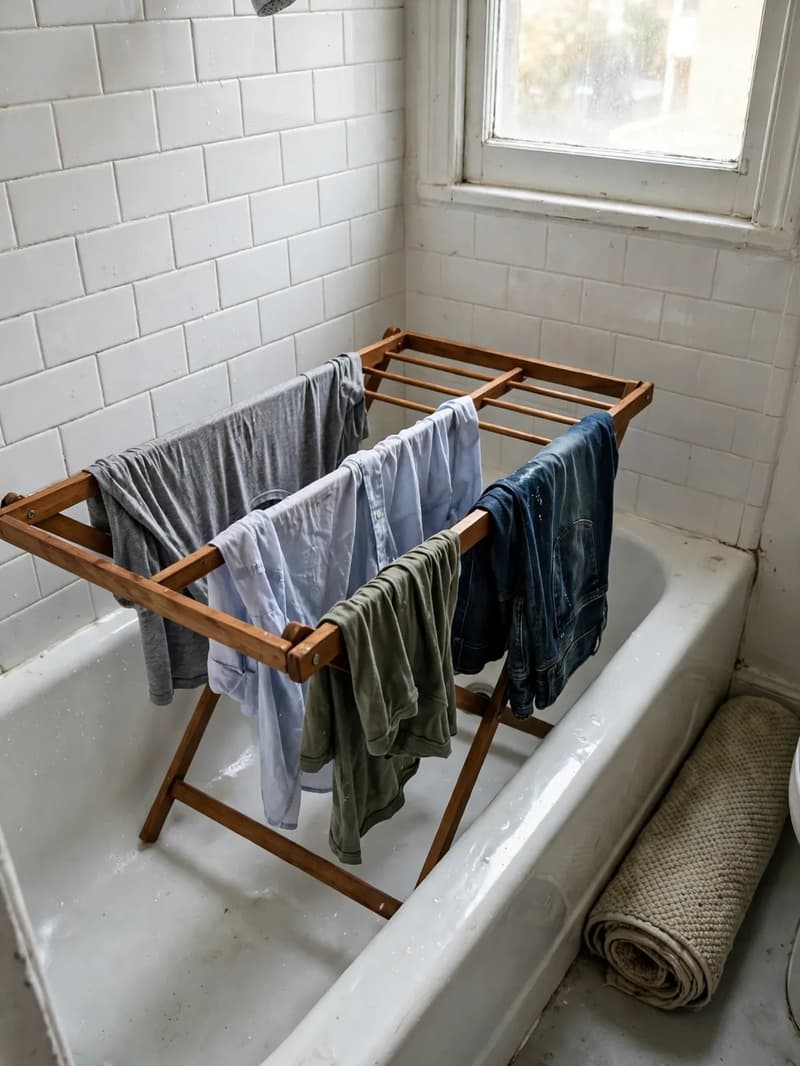 A wooden folding drying rack standing over a bathtub with shirts, a light top and jeans draped over its rails to dry