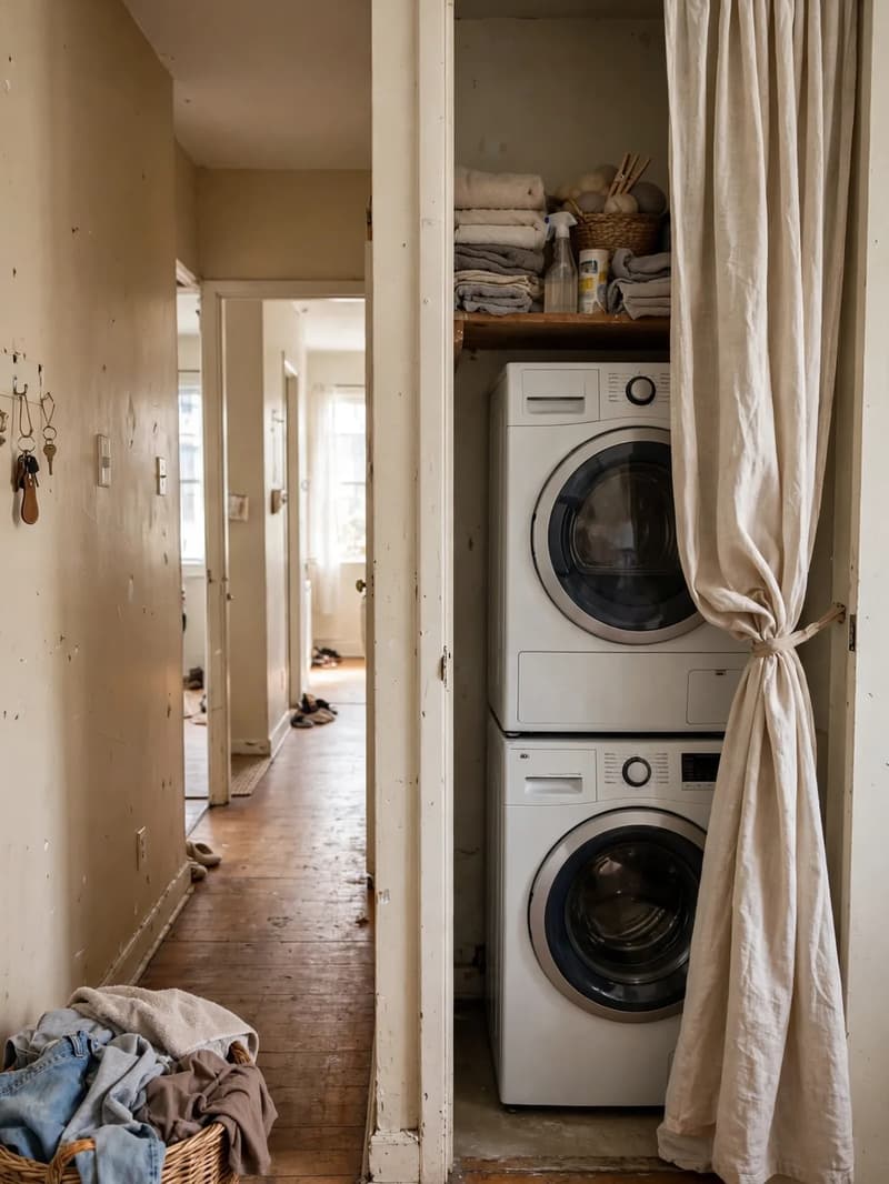 A linen curtain tied back on one side of a laundry closet opening, revealing a stacked washer dryer with towels stored on a shelf above