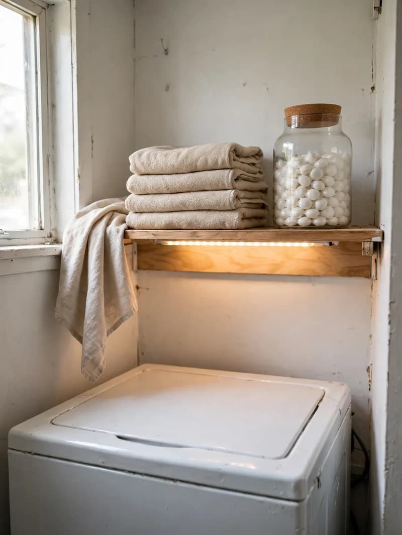 A warm LED strip glowing under a wooden shelf above a top-load washer, lighting a plain jar of white pods and folded towels by a window