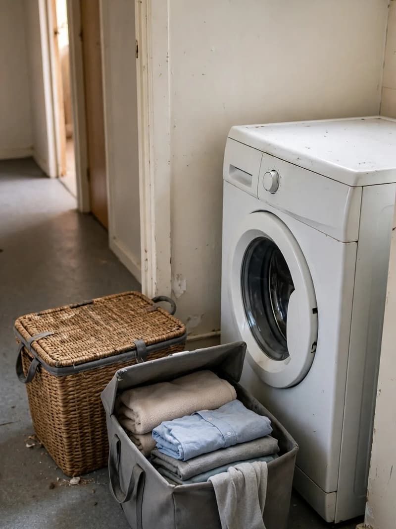 A lidded woven laundry basket and an open fabric carry basket with handles holding folded laundry, beside a washing machine