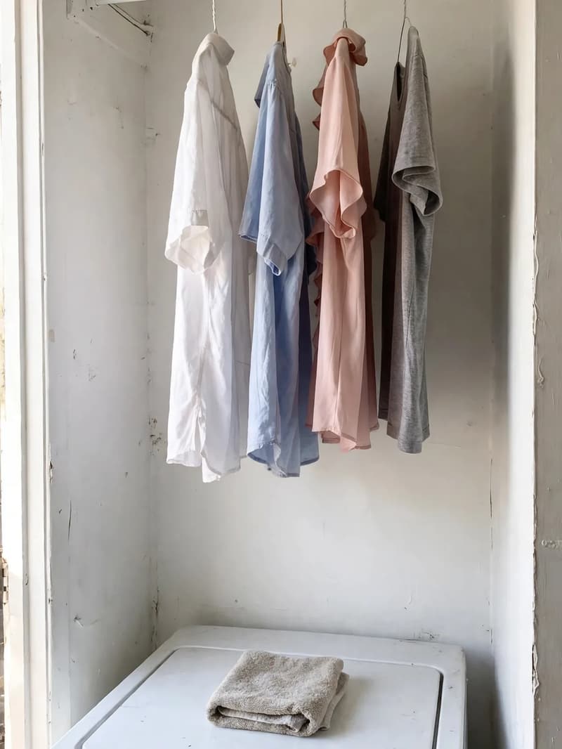 Shirts and blouses on hangers drying from a white tension rod wedged above a closed top-load washing machine in a small laundry closet