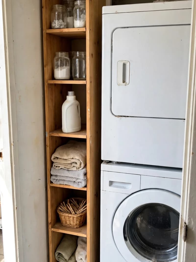 A tall slim wooden tower cabinet beside a stacked washer dryer, its shelves holding plain glass jars, a detergent bottle, folded towels and a basket of clothespins