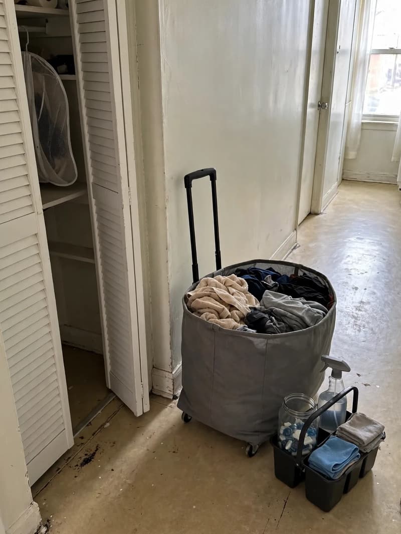 A large grey rolling laundry bag on wheels with a pull handle full of laundry, beside a small supply caddy holding a jar of pods, a spray bottle and folded cloths in an apartment hallway