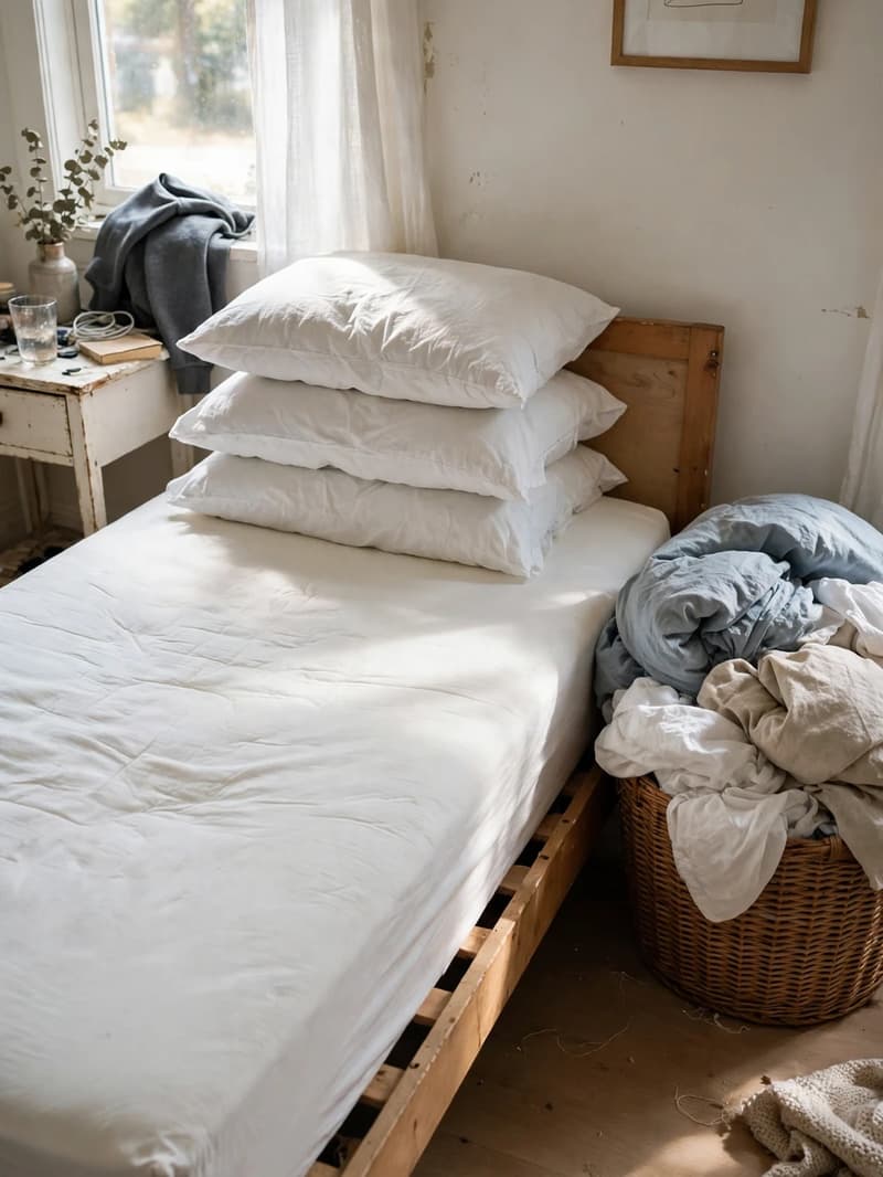 A bed stripped down to the mattress with pillows stacked and the used bedding bundled into a wicker laundry basket beside it