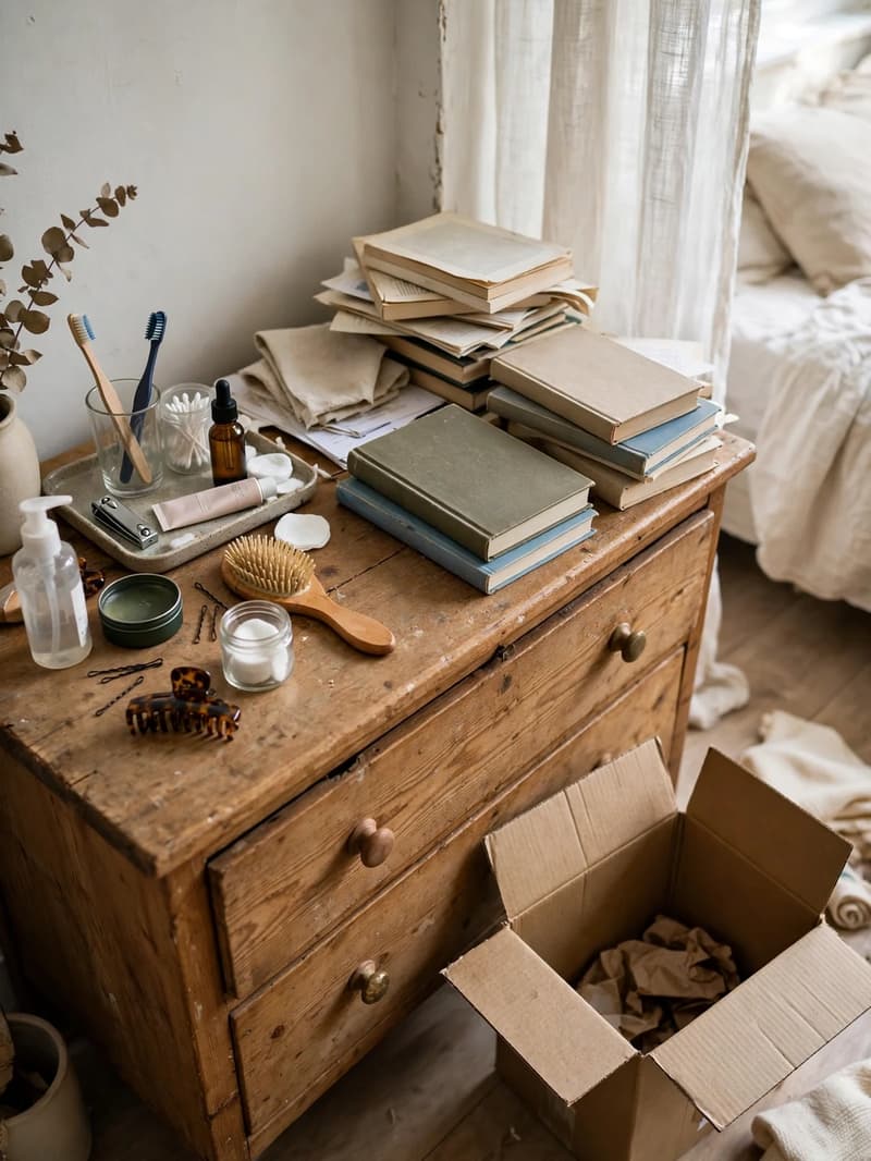 A wooden dresser top mid-clear, half emptied, with a small tray of daily items, stacks of books and an open donation box on the floor beside it