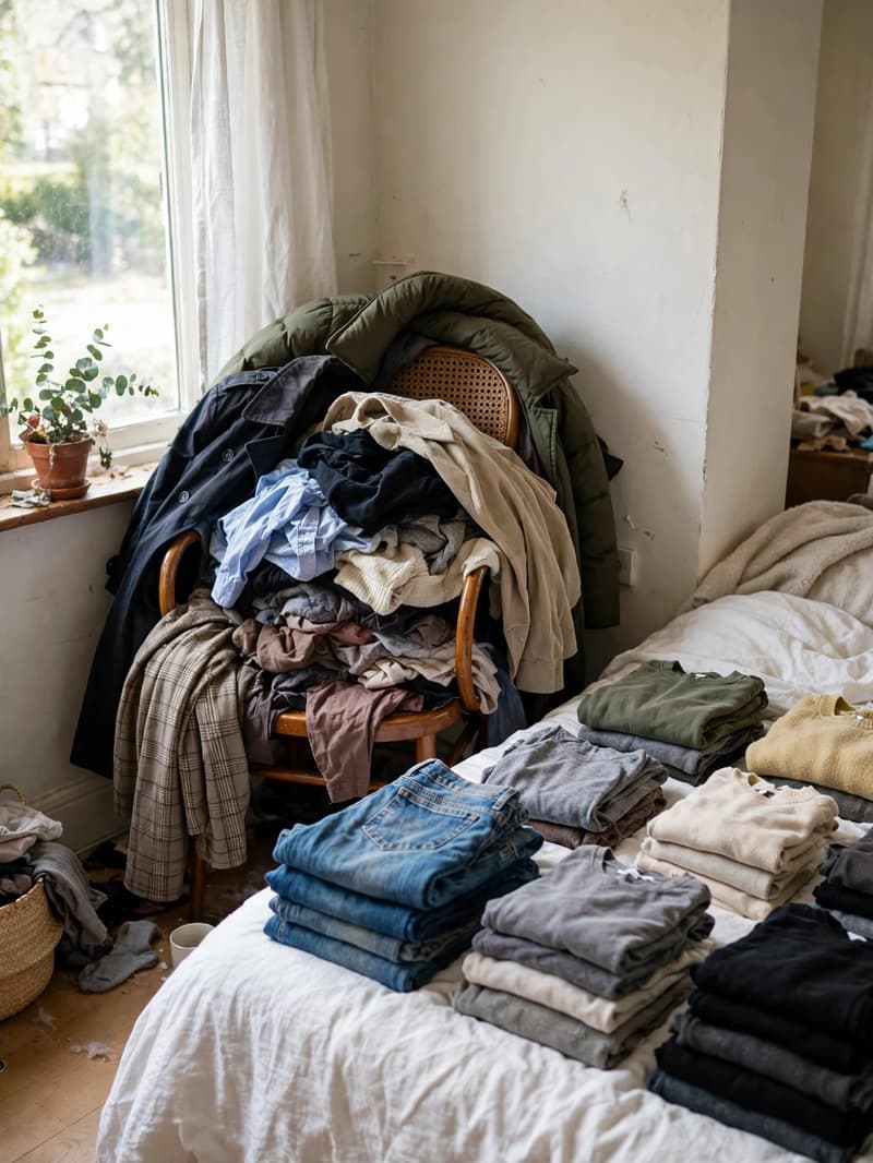 A bedroom corner chair piled high with clothes, with sorted piles of folded clothing laid out on the bed beside it in window light