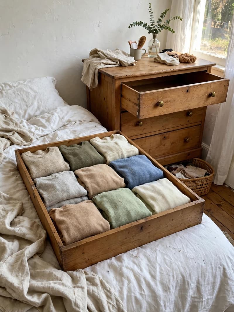 An open dresser drawer with clothes folded in neat rows resting on the bed while being sorted, wooden dresser and bright window light behind