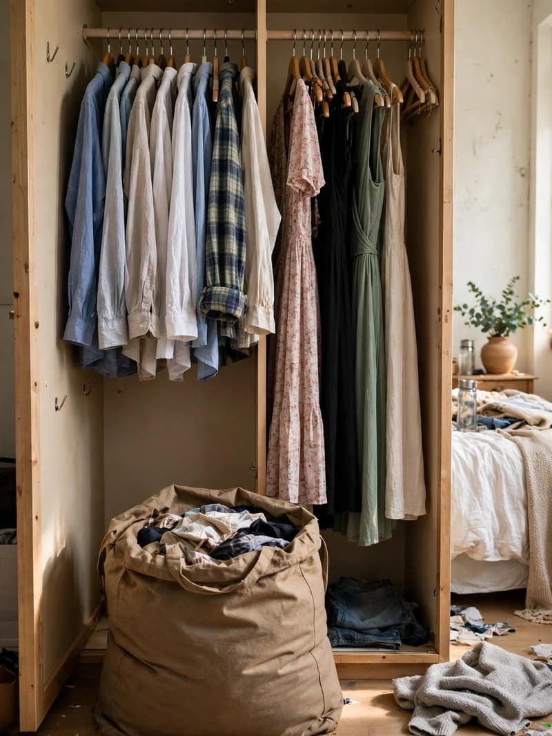 An open closet with clothes grouped in sections along the rail — shirts together, dresses together — and a full donation bag on the floor in front