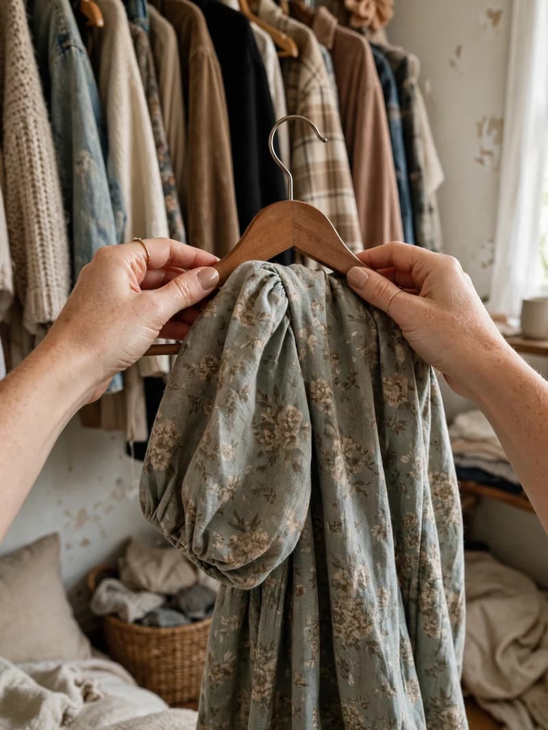 Hands holding a wooden hanger with a rarely worn floral dress in front of a full closet rail, deciding whether it stays or goes