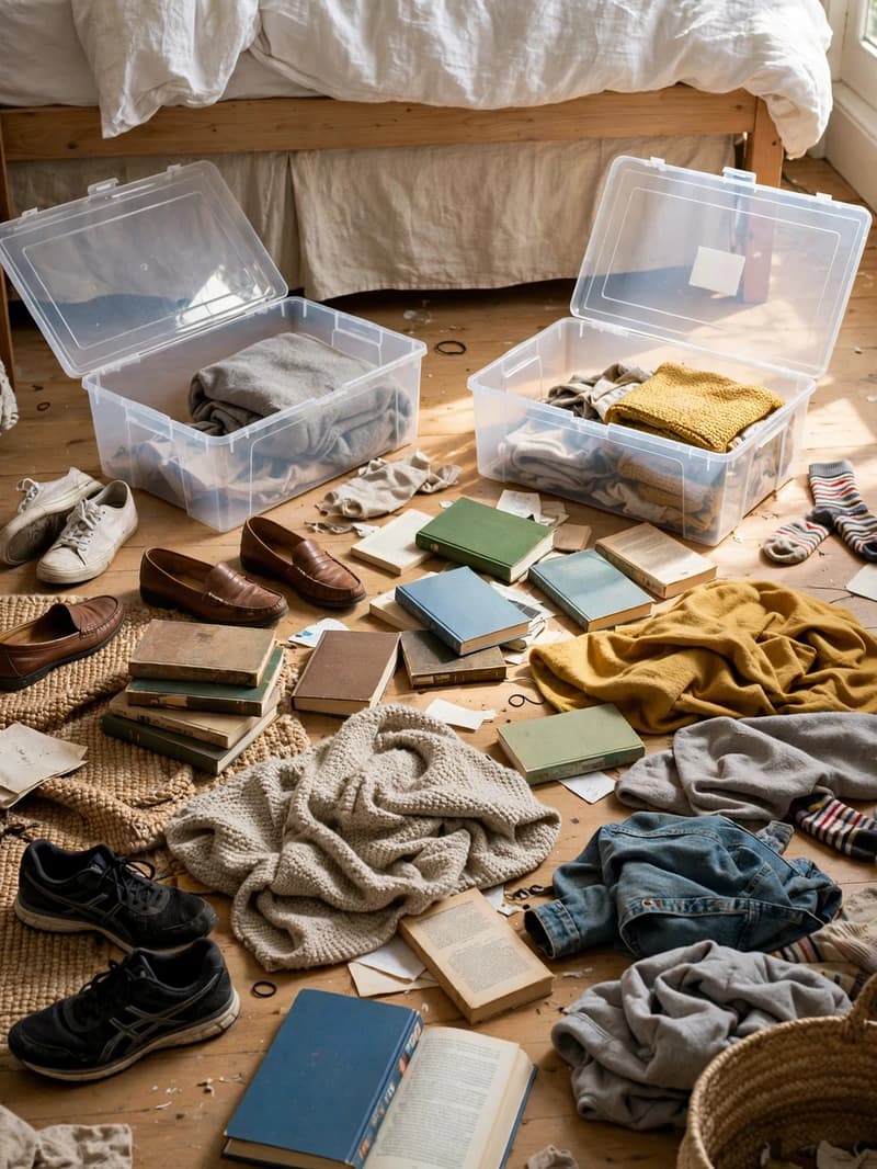 Clear under-bed storage boxes pulled out onto a bedroom floor with shoes, books and blankets spread around them being sorted, bed behind
