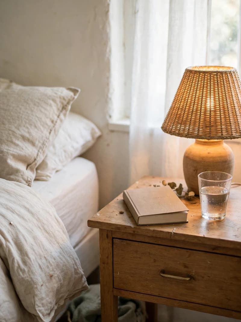 A tidy wooden nightstand with a glowing woven lamp, a single book and a glass of water, drawer closed, beside a calm bed