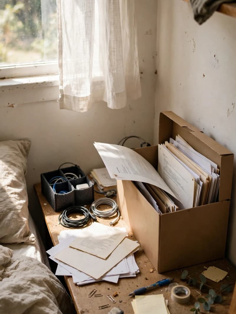 A small bedroom desk corner with papers being sorted into a cardboard file box and charging cables coiled neatly beside a small organizer