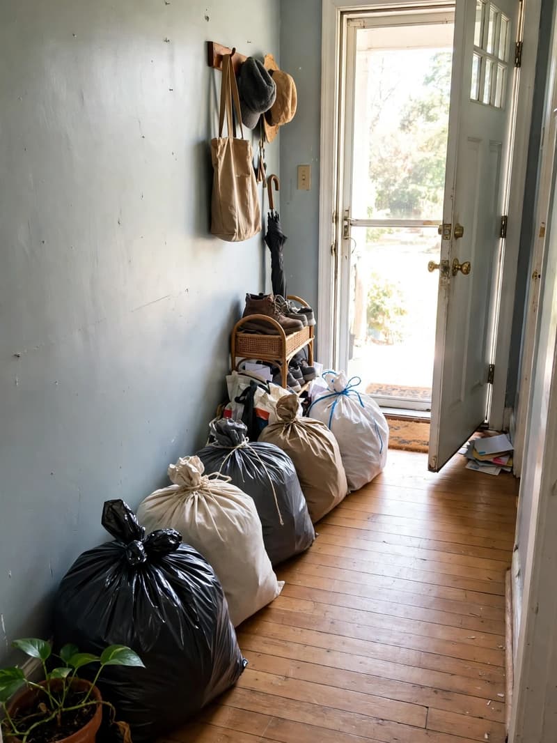 Full donation bags tied shut and lined up by an open front door in a bright hallway, ready to leave the house
