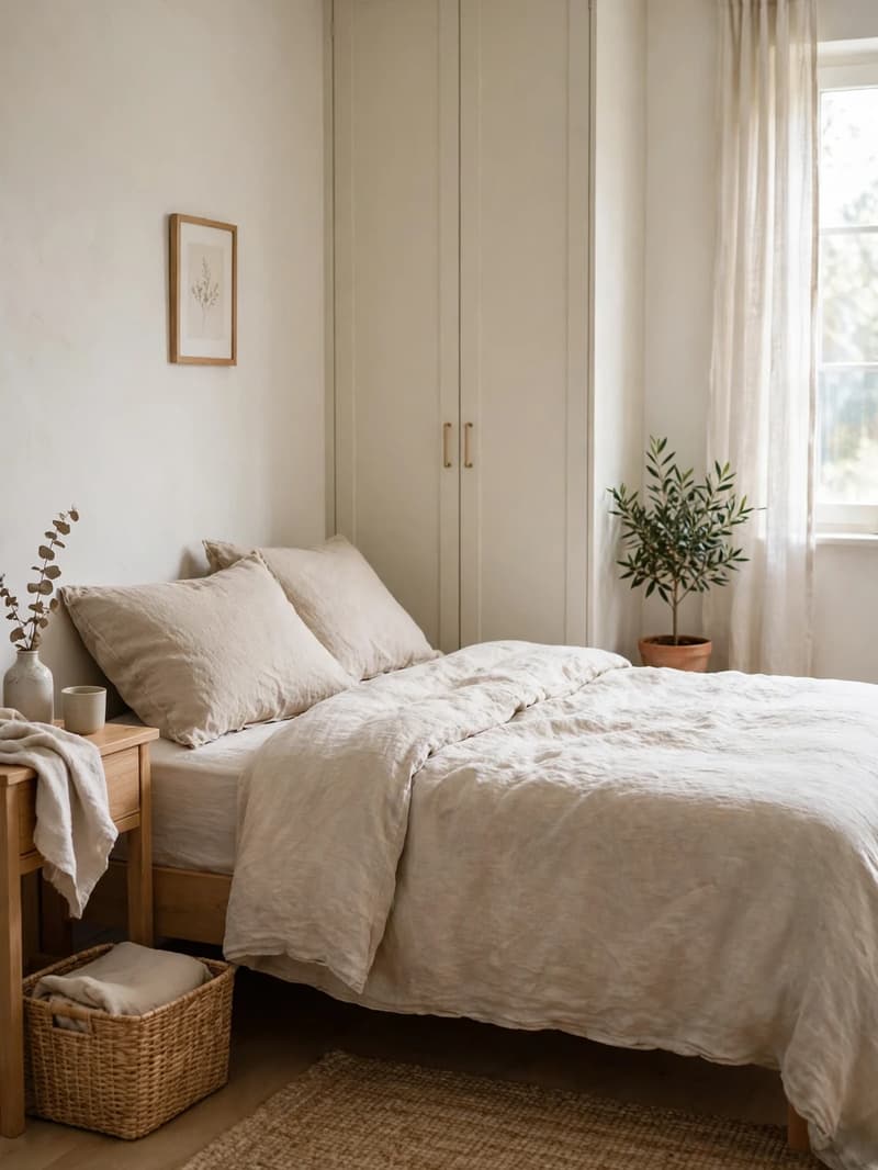 A calm organized bedroom with everything in its place, bed loosely made in natural linen, clear surfaces and a tidy wardrobe in soft daylight