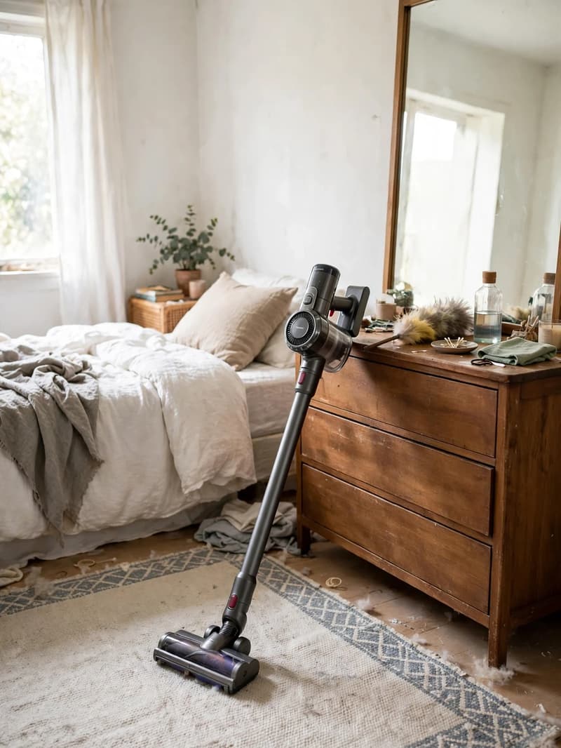 A cordless vacuum standing on a bedroom rug beside a wooden dresser with a feather duster and cloth on top, large mirror behind, no people