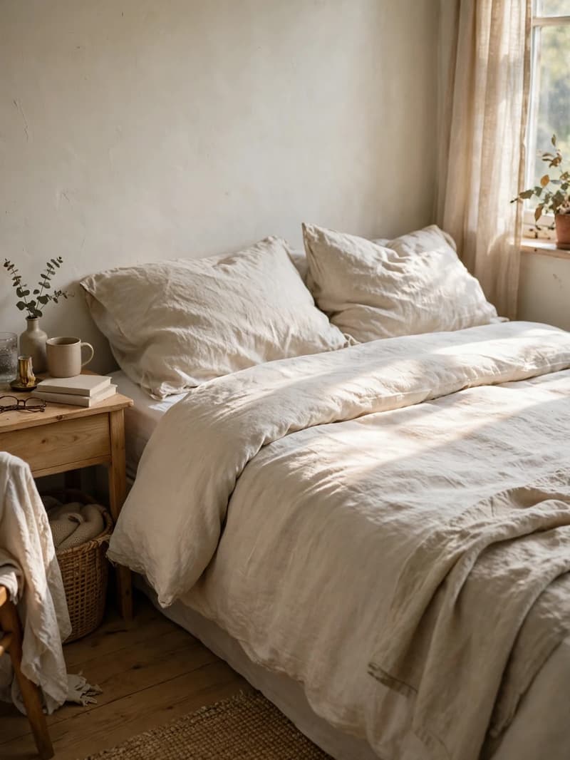 A freshly made bed with simple white and natural linen bedding, pillows plumped, soft daylight falling across the duvet in a calm bedroom