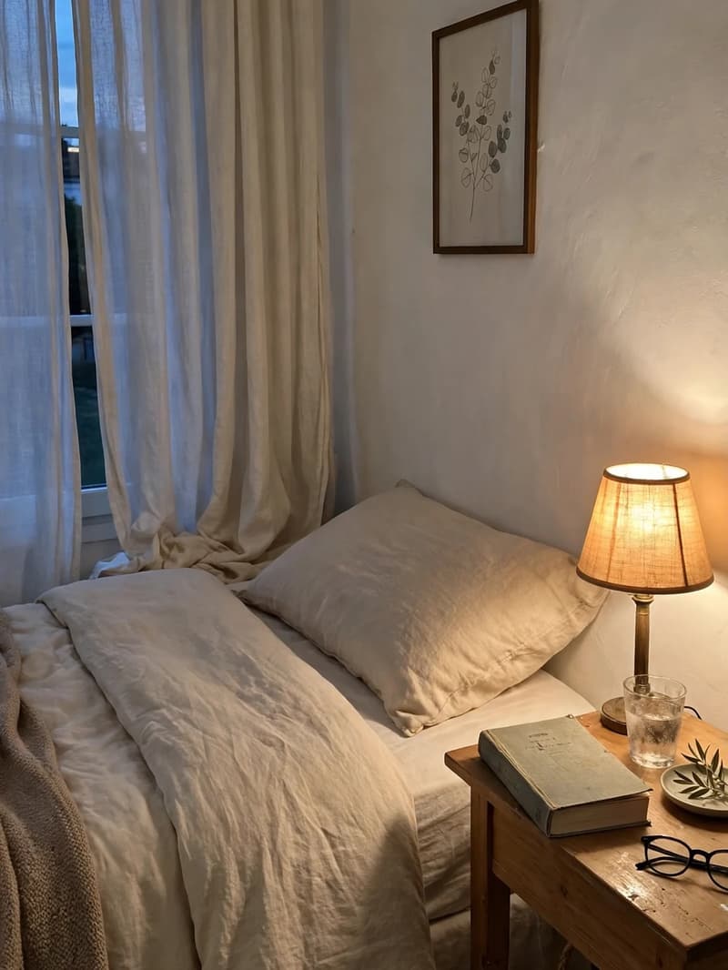 A peaceful evening bedroom with warm lamp glow, a book on the tidy nightstand and the bed neatly made, room calm at dusk