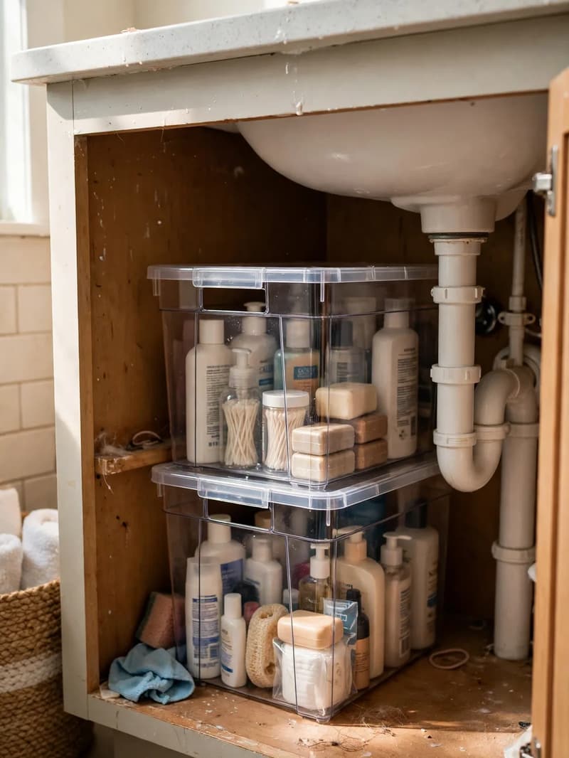 Stacked clear plastic bins under a bathroom sink holding backup shampoo bottles, soap and toiletries beside vanity plumbing in natural light