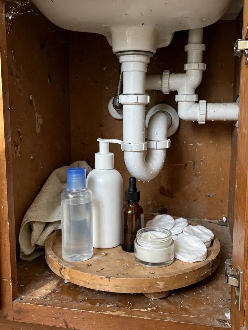 Small round lazy susan turntable under a bathroom sink holding everyday skincare and toiletry bottles beside white pipes