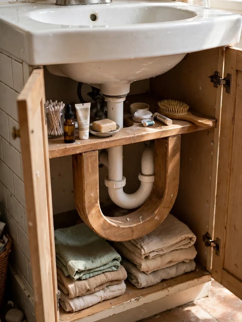 U-shaped raised shelf wrapped around a white P-trap pipe under a bathroom sink, with folded washcloths and small toiletries stored on and below it