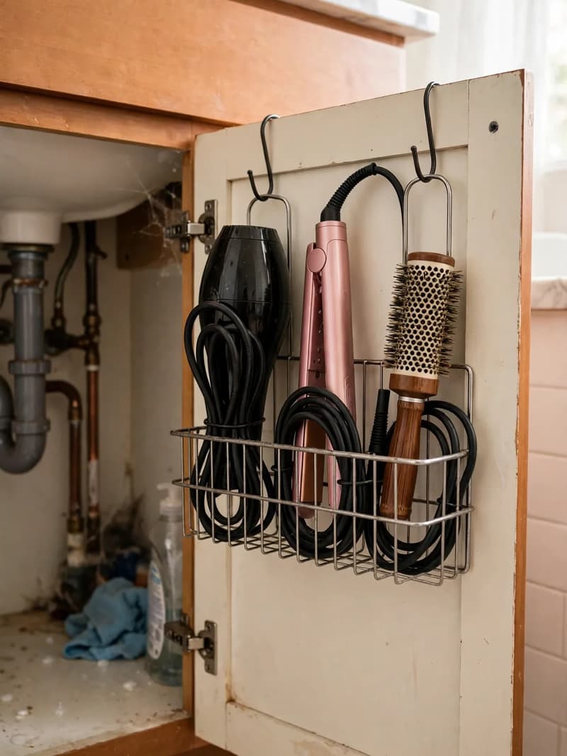 Metal inside-door caddy hanging on an open bathroom vanity door holding a hair dryer, straightener and hairbrush with cord neatly looped