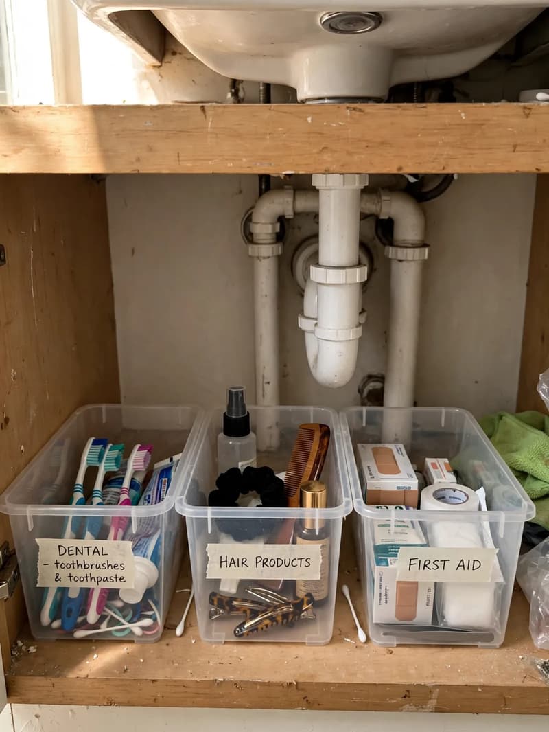 Labeled clear bins under a bathroom sink sorted by category with dental supplies, hair products and first aid items visible inside