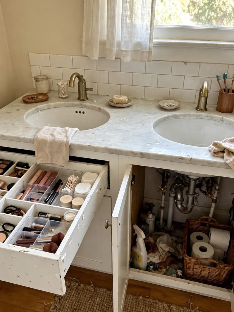 White pull-out drawer unit installed on one side of a double bathroom vanity under-sink cabinet, drawers open showing makeup and small toiletries
