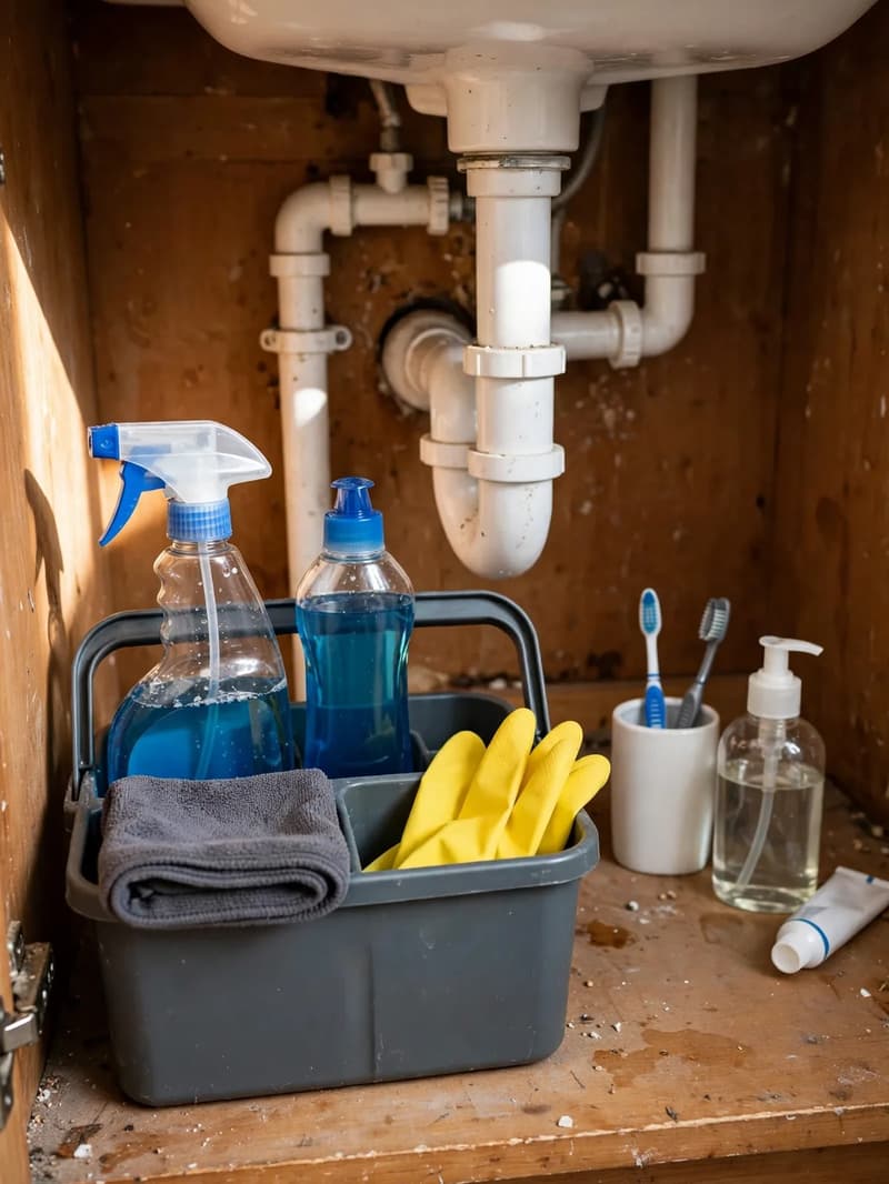 Separate plastic cleaning caddy under a bathroom sink holding bathroom cleaner spray, toilet gel, gloves and a cloth, kept apart from toiletries
