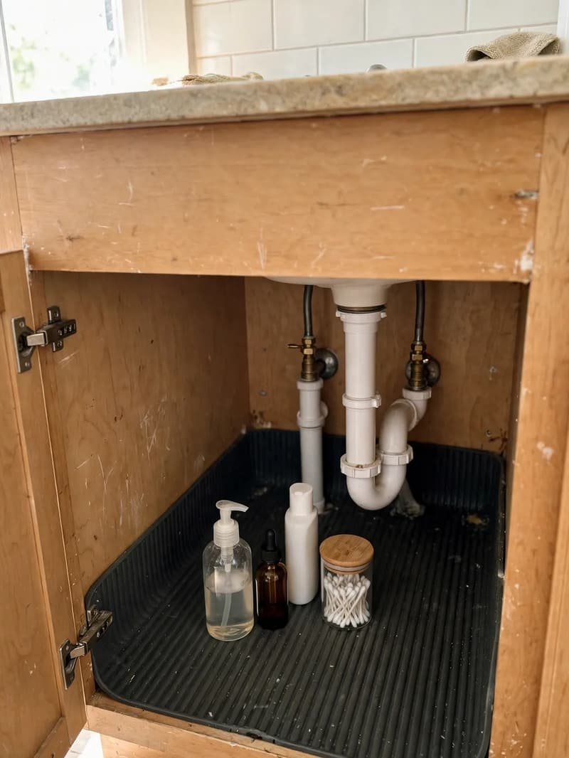 Waterproof ribbed liner mat fitted on the floor of an under-sink bathroom cabinet around pipes, with a few toiletry bottles standing on it