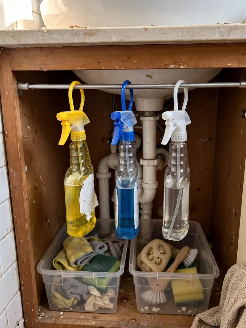 Spray bottles hanging by their trigger handles from a tension rod installed across the top of an under-sink bathroom cabinet