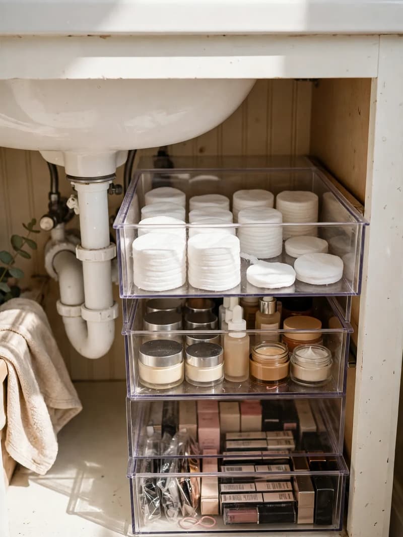 Slim clear stackable drawers under a bathroom sink filled with skincare jars, cotton pads and makeup backups in neat rows