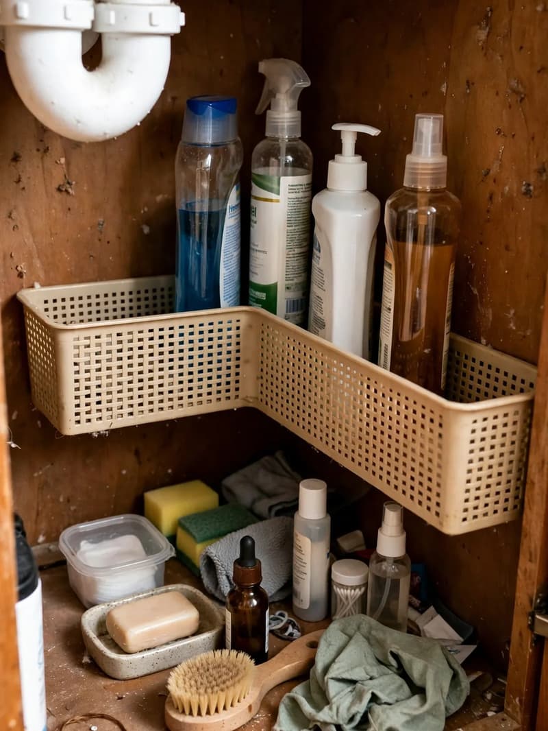 L-shaped storage bins tucked into the deep back corners of an under-sink bathroom cabinet holding tall bottles upright behind shorter items
