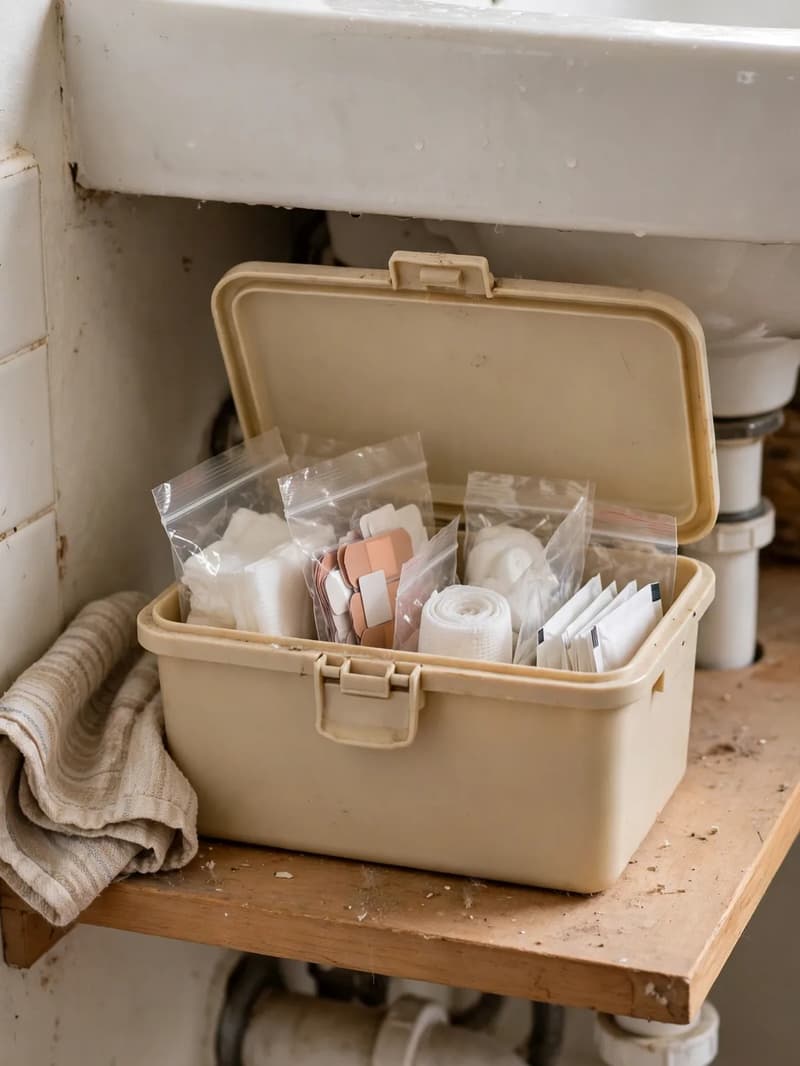 High lidded first aid bin placed on a raised shelf under a bathroom sink, with bandages and medicine packets neatly grouped inside