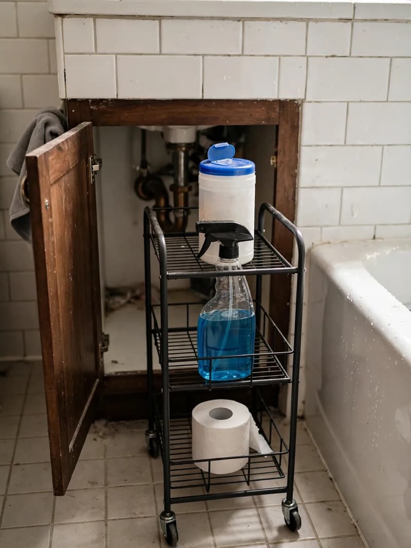 Slim rolling cart with casters pulled partway out of an under-sink bathroom cabinet, holding wipes, spray and a spare toilet roll