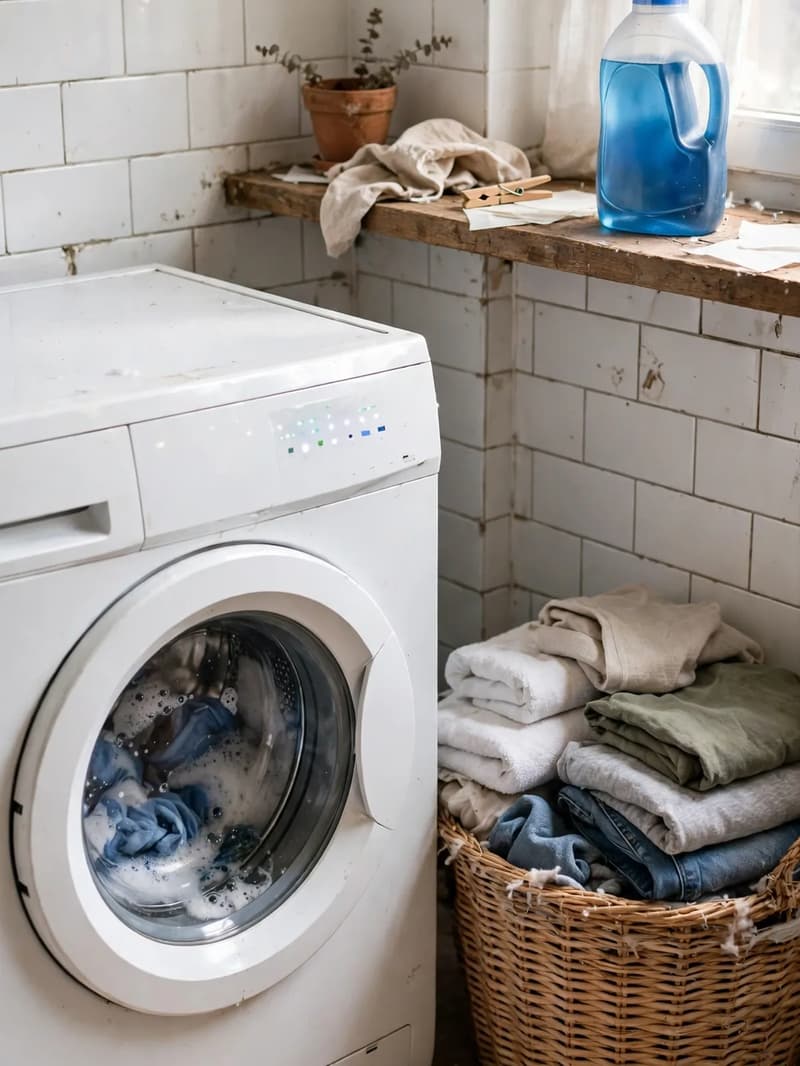A small laundry corner with two washing machines, a blue detergent bottle and piles of laundry waiting on a worn tiled floor