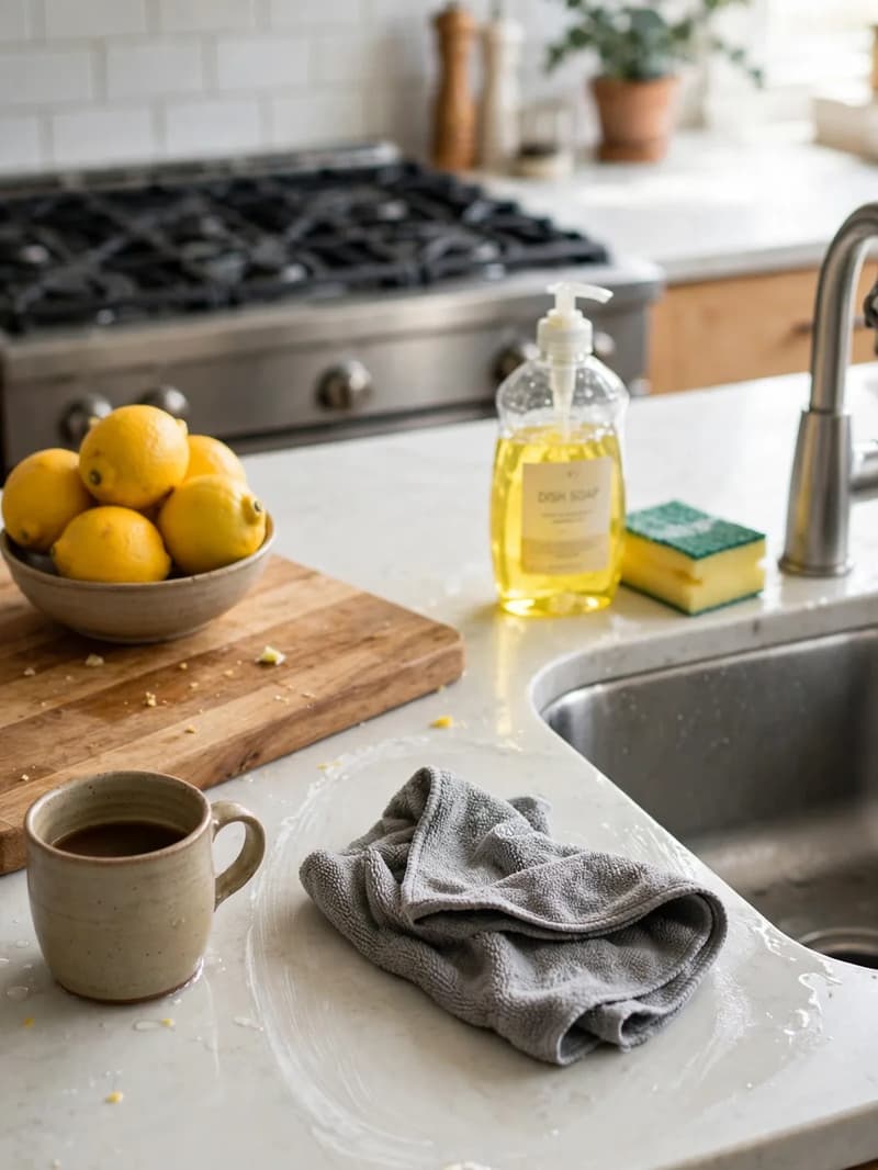 A bright kitchen counter and sink wiped clean, with a spray bottle, cloth, lemons and herbs beside the window