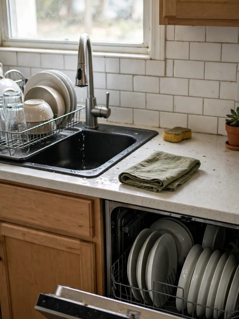 An open dishwasher being loaded beside a counter with a drying rack of clean mugs and plates in a white-tiled kitchen