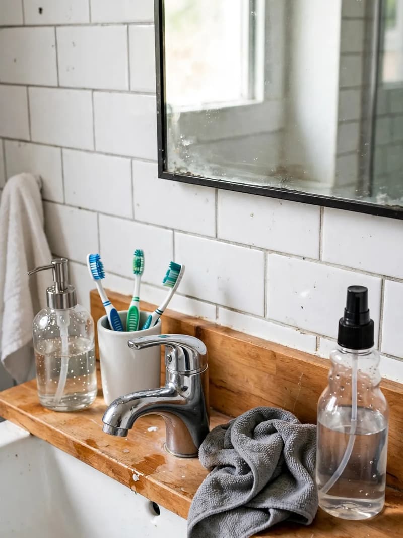 A tidy bathroom counter with a ceramic sink, mirror and neatly arranged bottles after a quick daily wipe-down